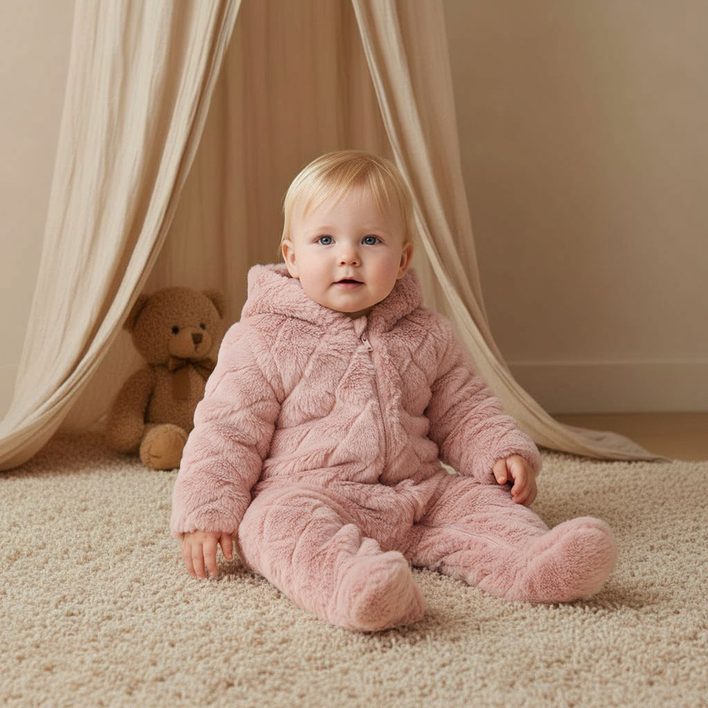 Juniors Faux Fur Textured Hooded Sleepsuit with Applique Detail and Zip Closure