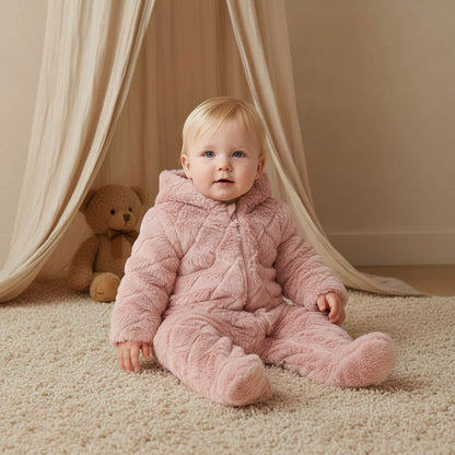 Juniors Faux Fur Textured Hooded Sleepsuit with Applique Detail and Zip Closure