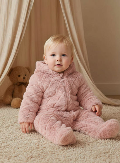 Juniors Faux Fur Textured Hooded Sleepsuit with Applique Detail and Zip Closure-baby-girls-clothing-nightwear-sleepsuits-image-5