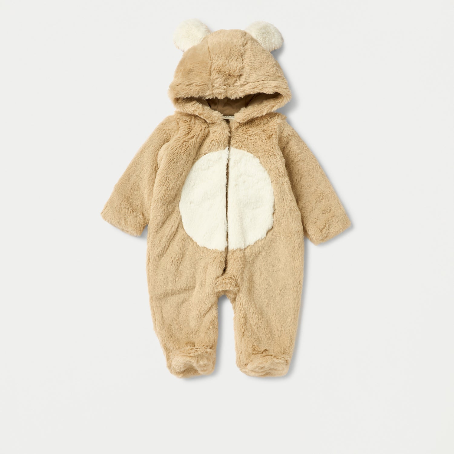 Juniors Faux Fur Textured Hooded Sleepsuit with Zip Closure - Beige / 9-12 mths