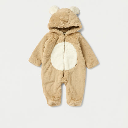 Juniors Faux Fur Textured Hooded Sleepsuit with Zip Closure - Beige / 9-12 mths
