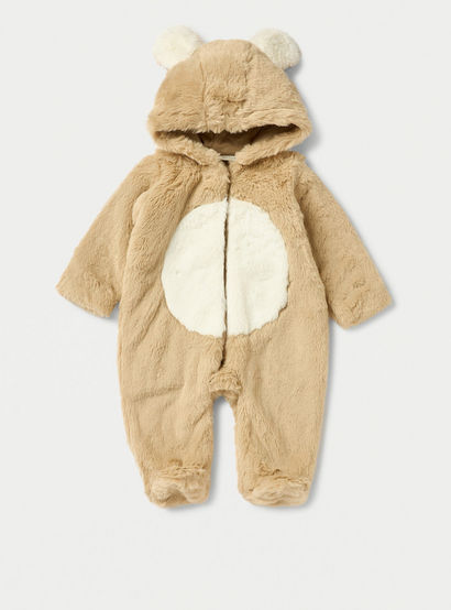Juniors Faux Fur Textured Hooded Sleepsuit with Zip Closure-baby-girls-clothing-nightwear-sleepsuits-image-1