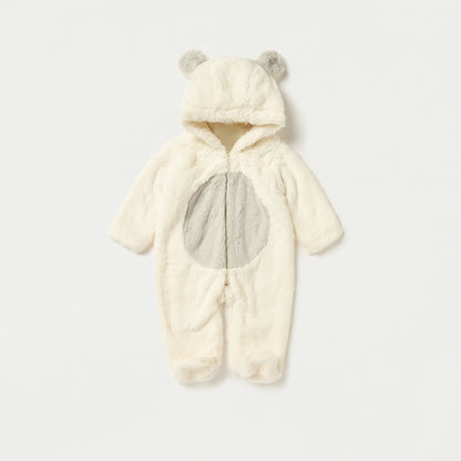Juniors Faux Fur Textured Hooded Sleepsuit with Applique Detail and Zip Closure