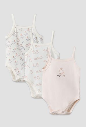 Pack of 3 Juniors Cotton Square Neck Sleeveless Bodysuit with Bunny Print