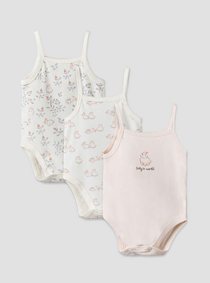 Pack of 3 Juniors Cotton Square Neck Sleeveless Bodysuit with Bunny Print-baby-girls-clothing-bodysuits-image-1