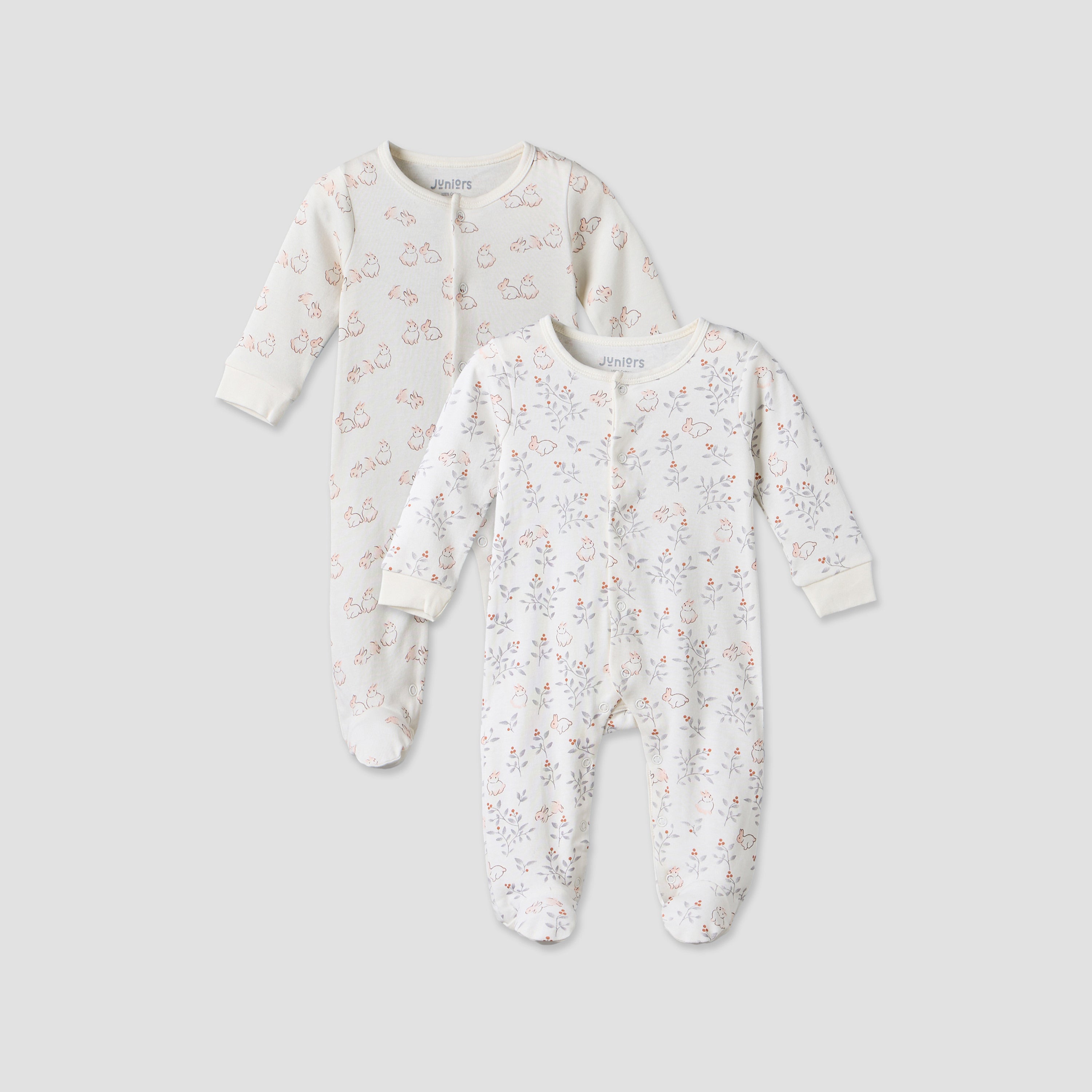 Pack of 2 Juniors Cotton Round Neck Long Sleeves Sleepsuit with Bunny Print - Pink / 9-12 mths