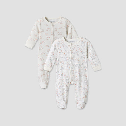 Pack of 2 Juniors Cotton Round Neck Long Sleeves Sleepsuit with Bunny Print - Pink / 9-12 mths
