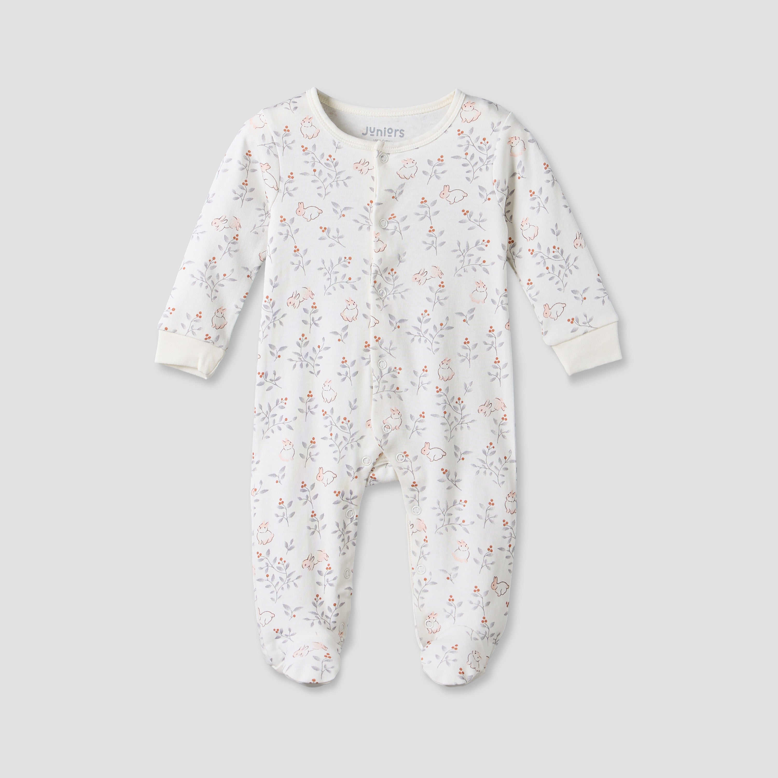 Pack of 2 Juniors Cotton Round Neck Long Sleeves Sleepsuit with Bunny Print
