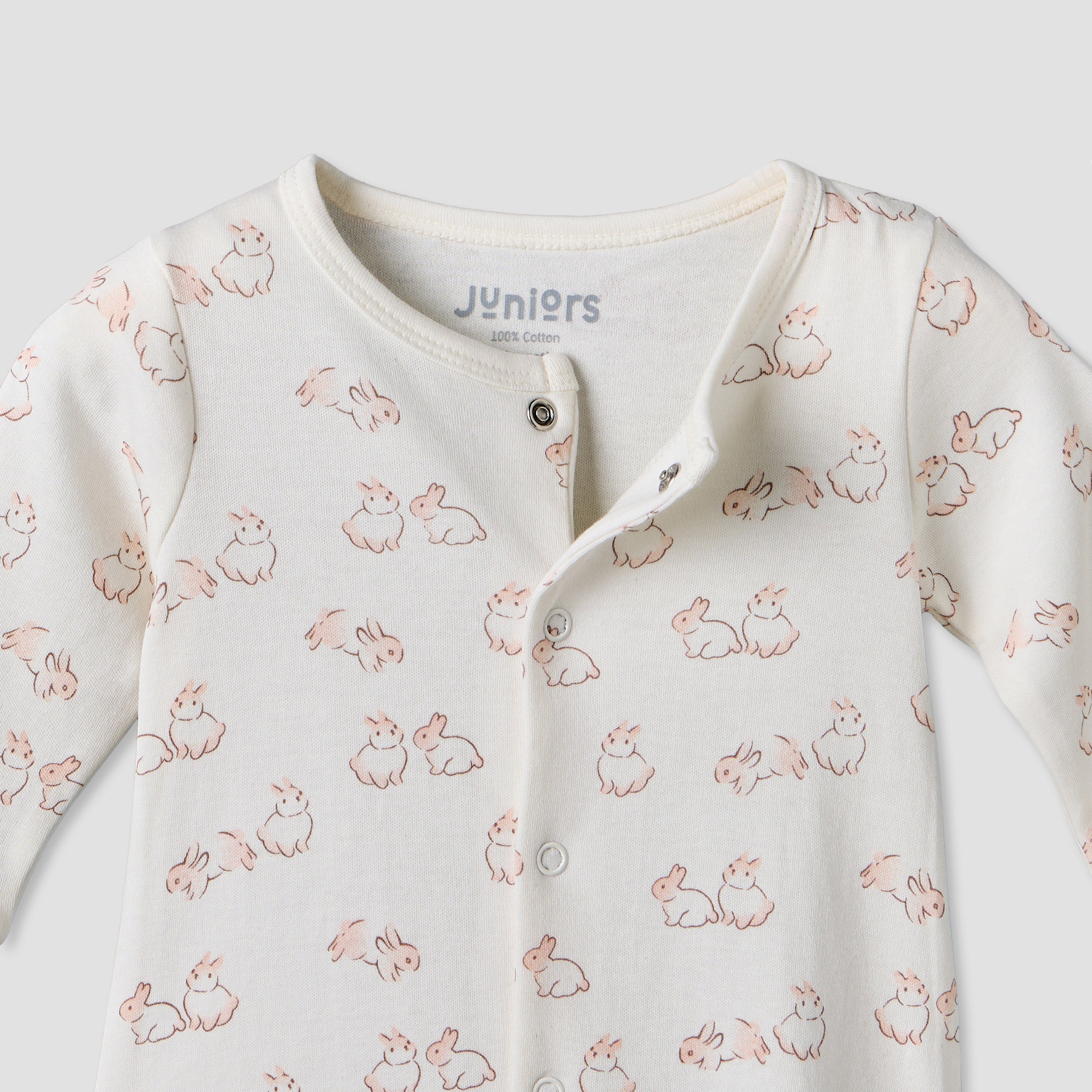 Pack of 2 Juniors Cotton Round Neck Long Sleeves Sleepsuit with Bunny Print