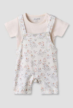 Juniors Round Neck Short Sleeves T-shirt and Dungaree Set with Bunny Print