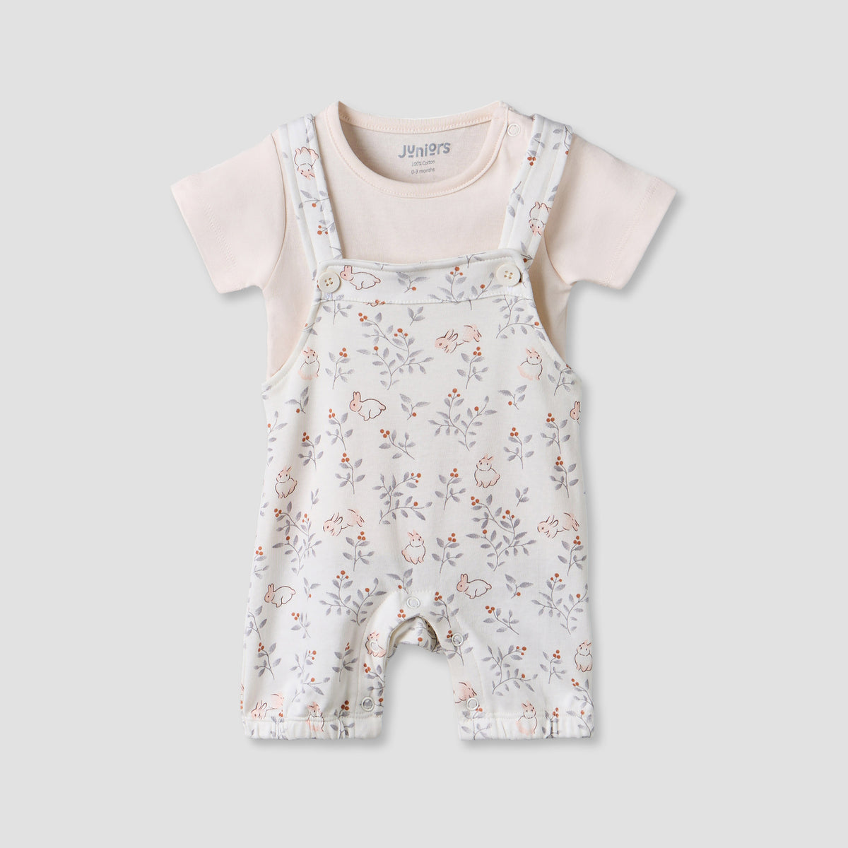 Juniors Round Neck Short Sleeves T-shirt and Dungaree Set with Bunny Print - Pink / 12-18 mths