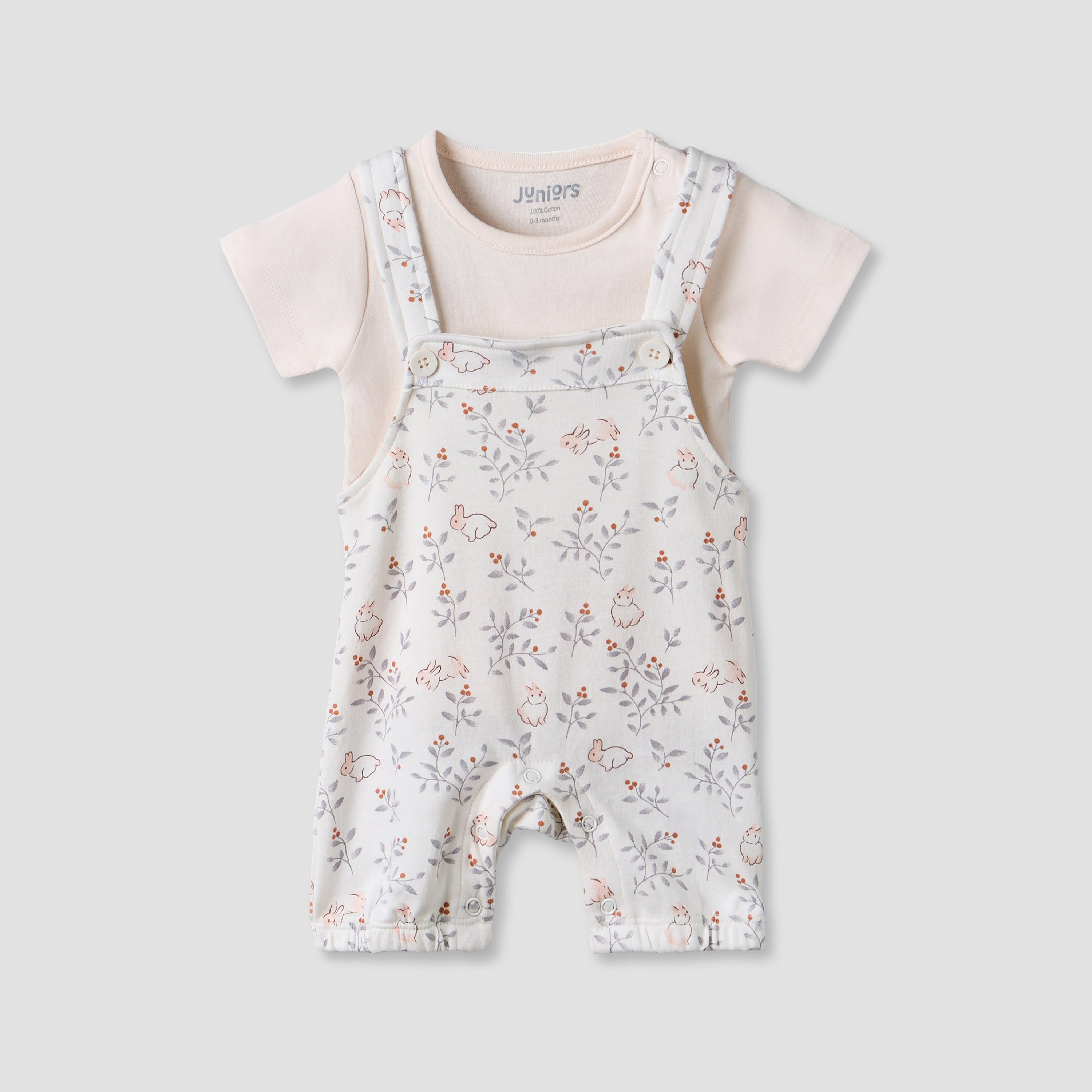 Juniors Round Neck Short Sleeves T-shirt and Dungaree Set with Bunny Print - Pink / 12-18 mths