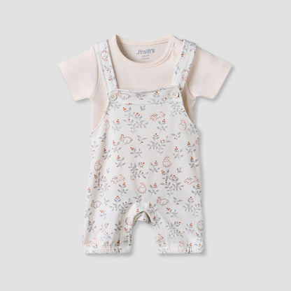Juniors Round Neck Short Sleeves T-shirt and Dungaree Set with Bunny Print - Pink / 12-18 mths
