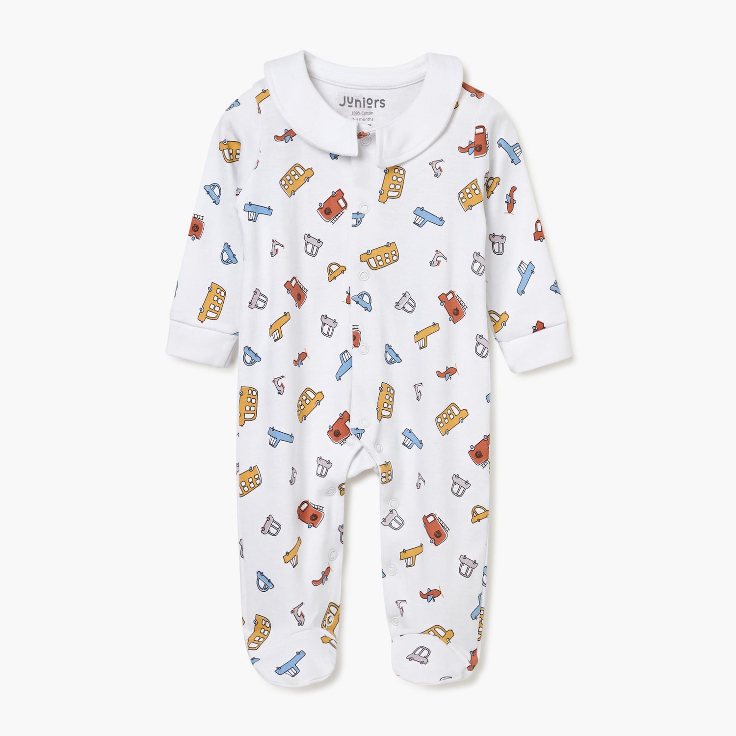 Juniors Vehicle Print Sleepsuit with Long Sleeves and Button Closure - White / 9-12 mths