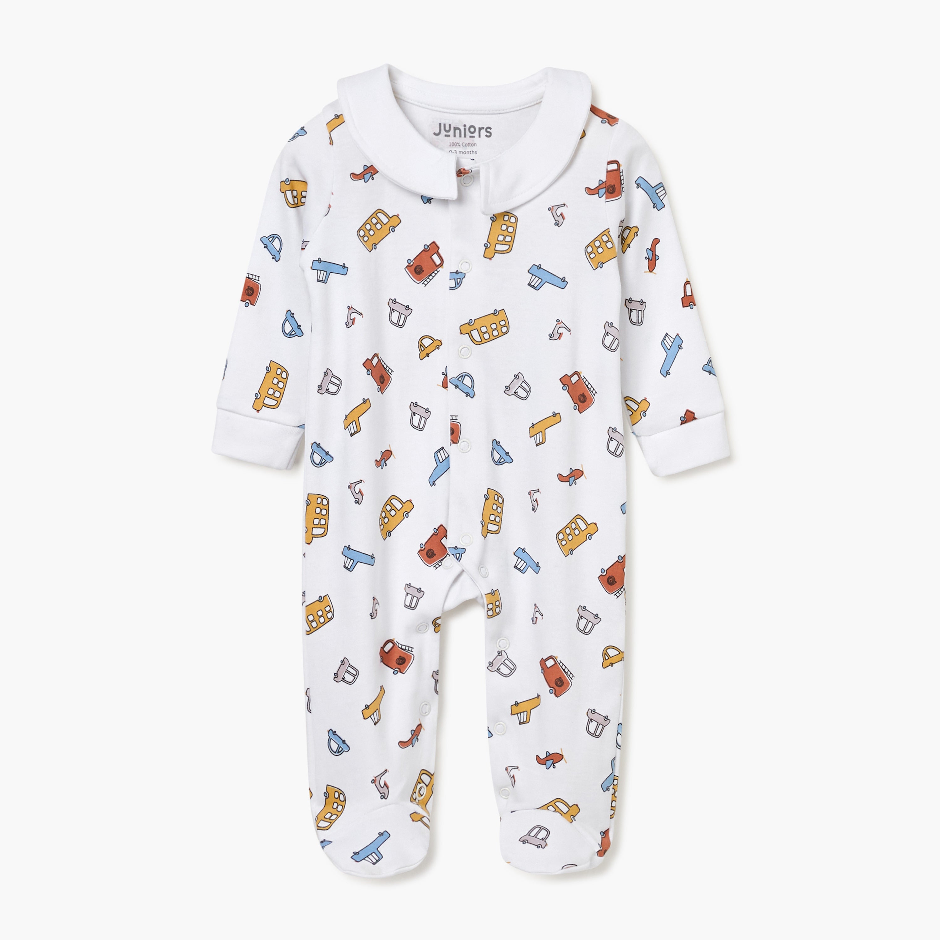 Juniors Vehicle Print Sleepsuit with Long Sleeves and Button Closure - White / 9-12 mths
