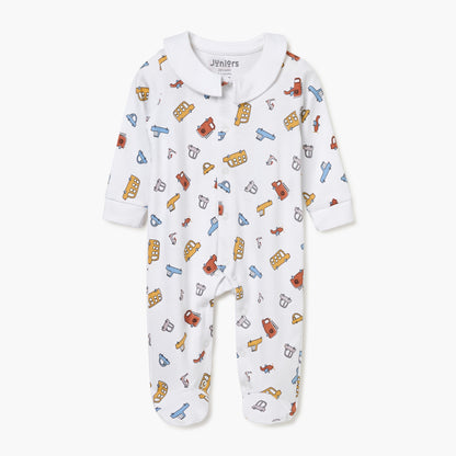 Juniors Vehicle Print Sleepsuit with Long Sleeves and Button Closure - White / 9-12 mths