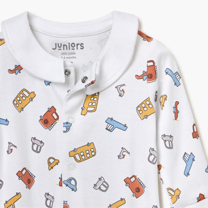 Juniors Vehicle Print Sleepsuit with Long Sleeves and Button Closure