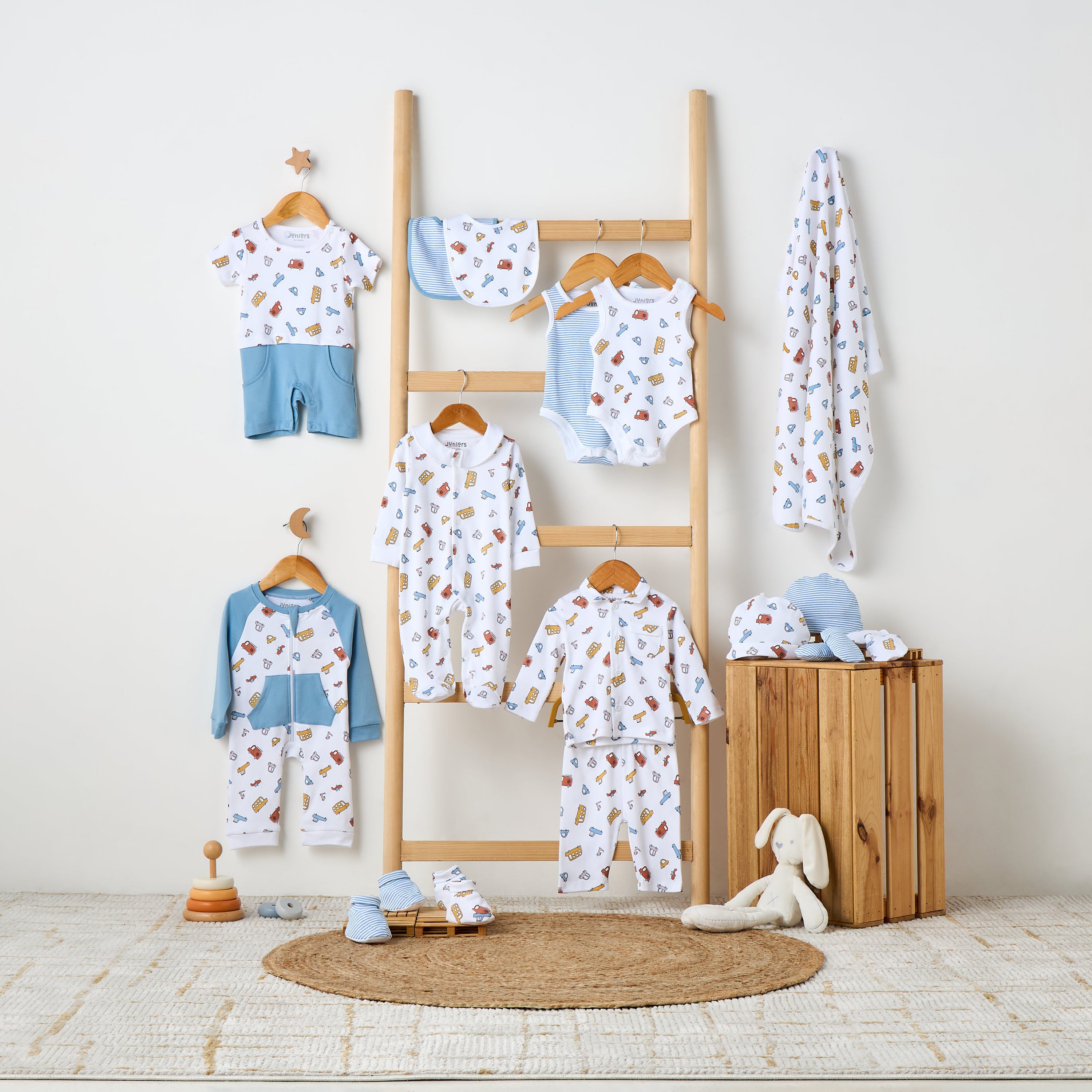 Juniors Vehicle Print Sleepsuit with Long Sleeves and Button Closure