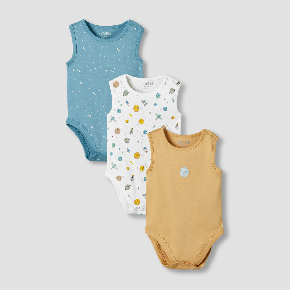 Pack of 3 Juniors Cotton Sleeveless Bodysuit with Space Print - Multicolour / 12-18 mths