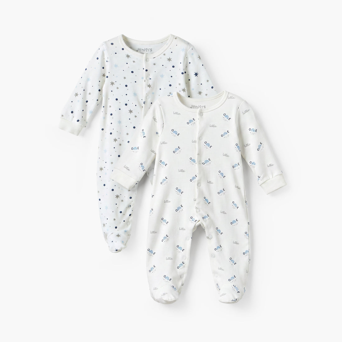 Pack of 2 Juniors Cotton Crew Neck Long Sleeves Sleepsuit with Snap Button Closure