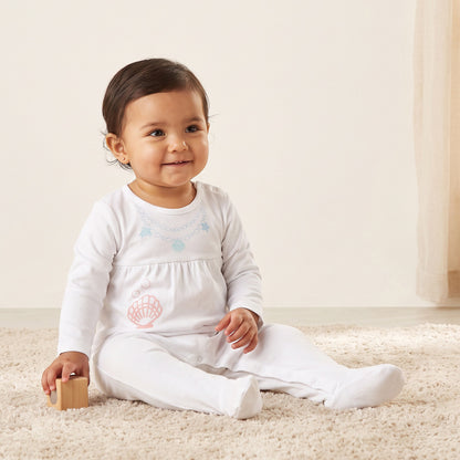 Juniors Cotton Crew Neck Long Sleeves Sleepsuit with Aquatic Print - White / 9-12 mths