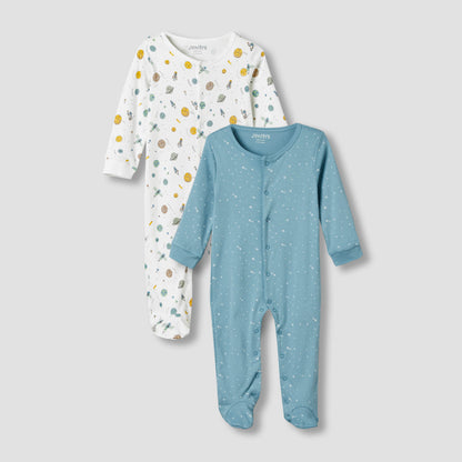 Pack of 2 Juniors Cotton Long Sleeves Sleepsuit with Space Print - Blue / 9-12 mths