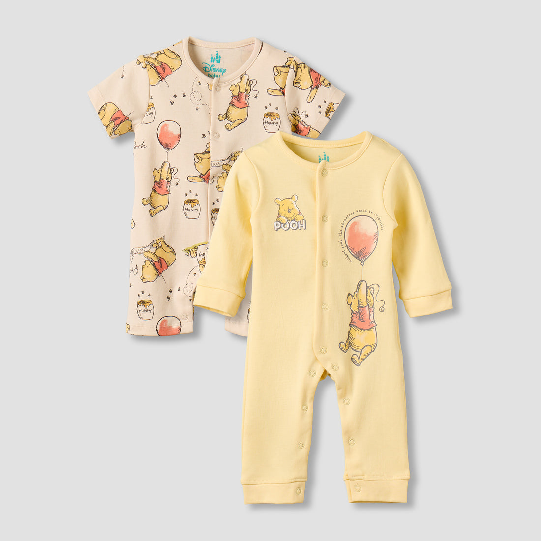 Set of 2 Disney Cotton Round Neck Sleepsuit and Romper with Winnie the Pooh Print - Yellow / 12-18 mths