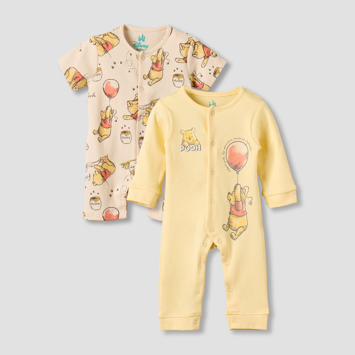 Set of 2 Disney Cotton Round Neck Sleepsuit and Romper with Winnie the Pooh Print