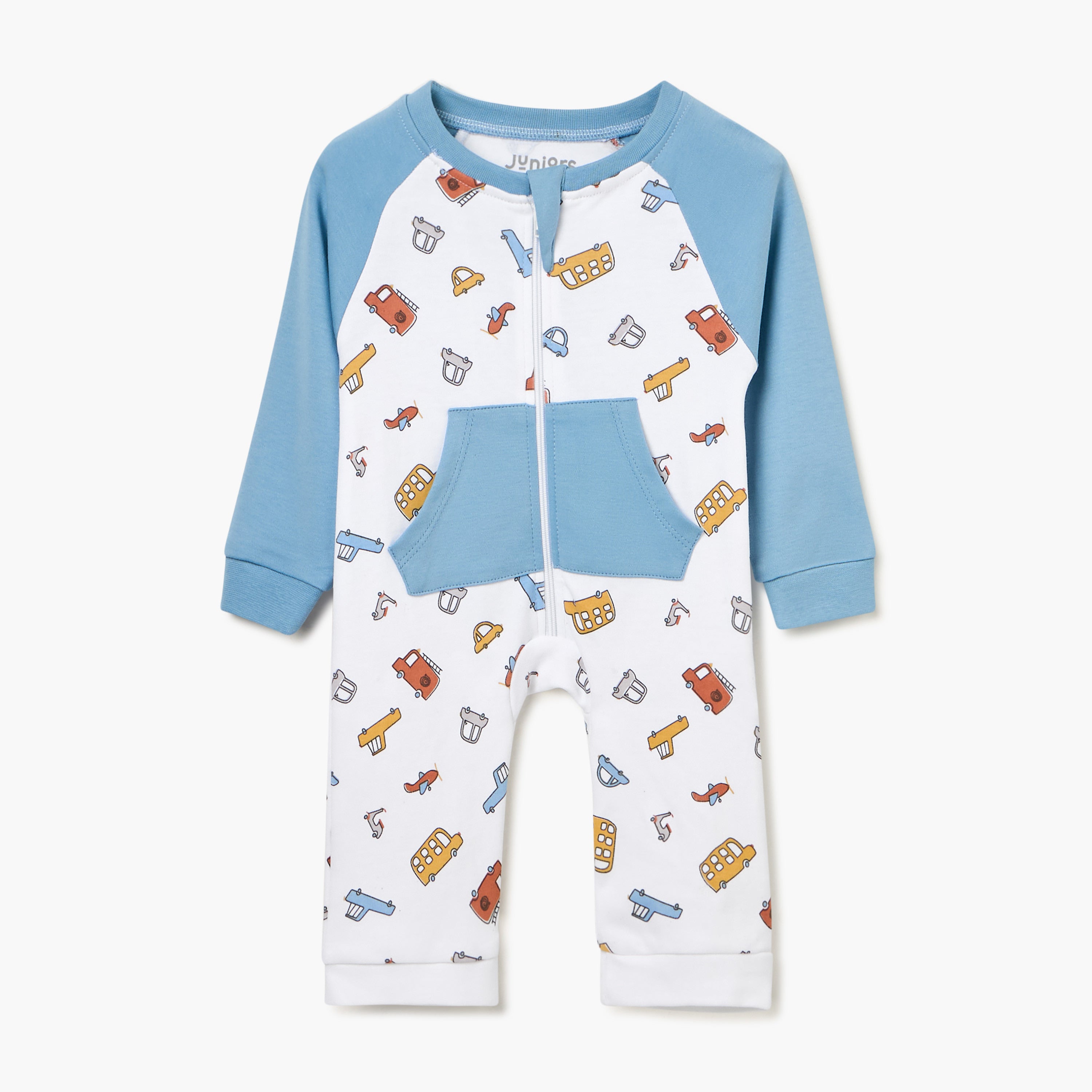 Juniors Vehicle Print Sleepsuit with Long Sleeves and Zip Closure - Blue / 12-18 mths