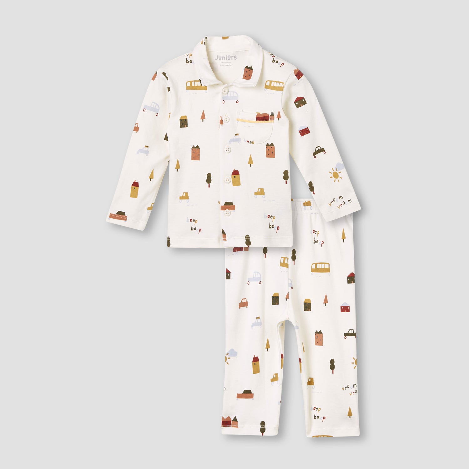 Juniors Pyjama Set with Farmyard Print – Cotton – Long Sleeve – Collared Neck - Cream / 12-18 mths