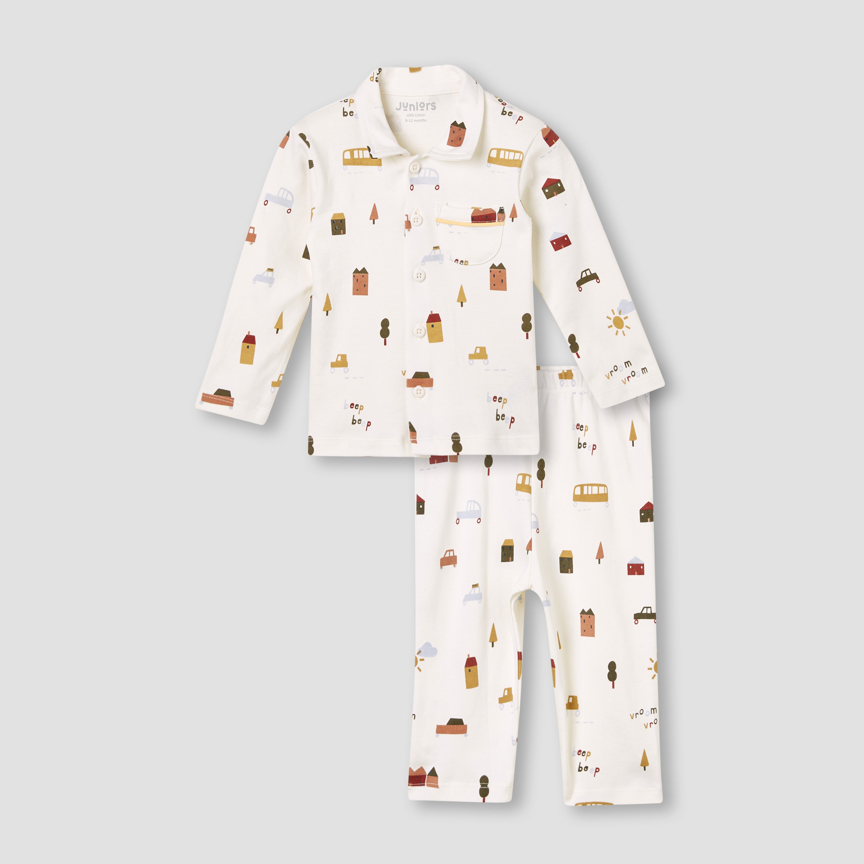 Juniors Pyjama Set with Farmyard Print – Cotton – Long Sleeve – Collared Neck - Cream / 12-18 mths