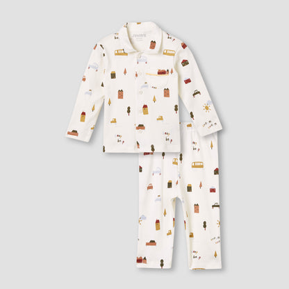 Juniors Pyjama Set with Farmyard Print – Cotton – Long Sleeve – Collared Neck - Cream / 12-18 mths