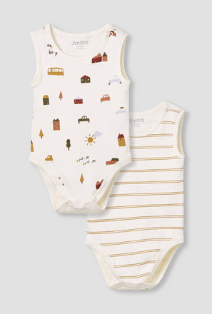 Juniors Printed Sleeveless Bodysuit with Button Closure - Set of 2