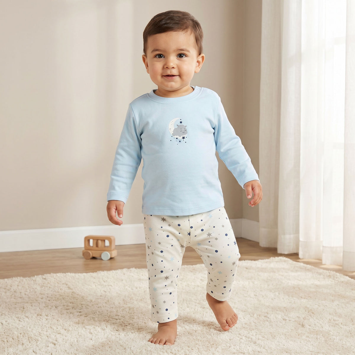 Juniors Cotton Crew Neck Long Sleeves Pyjama Set with Celestial Print