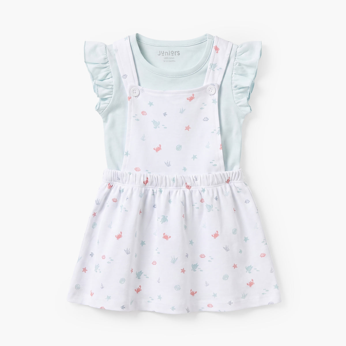 Juniors Crew Neck Sleeveless Top and Dungaree Dress Set with Aquatic Print