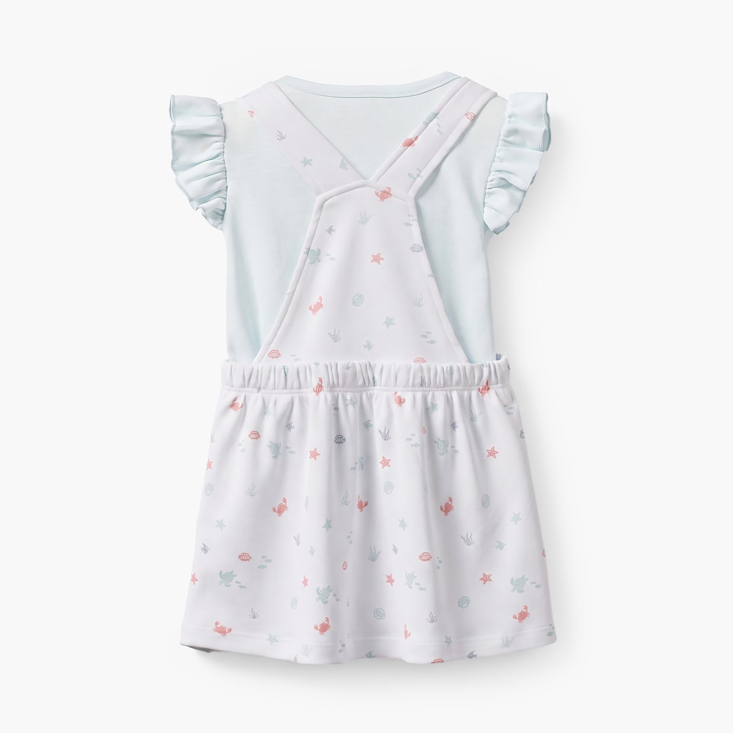 Juniors Crew Neck Sleeveless Top and Dungaree Dress Set with Aquatic Print