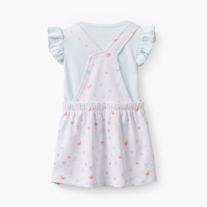 Juniors Crew Neck Sleeveless Top and Dungaree Dress Set with Aquatic Print