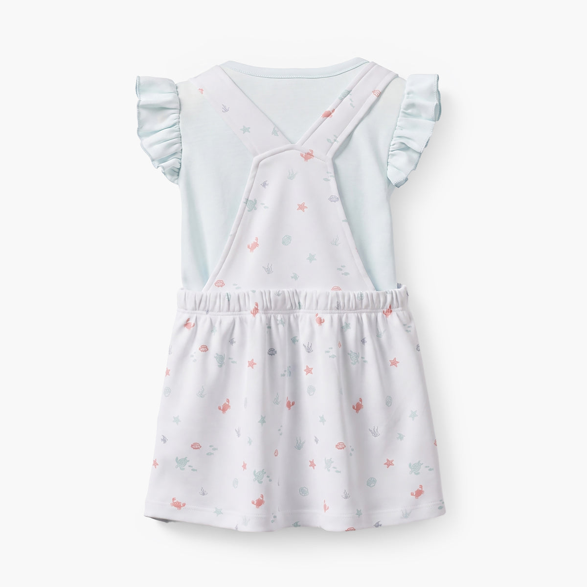 Juniors Crew Neck Sleeveless Top and Dungaree Dress Set with Aquatic Print