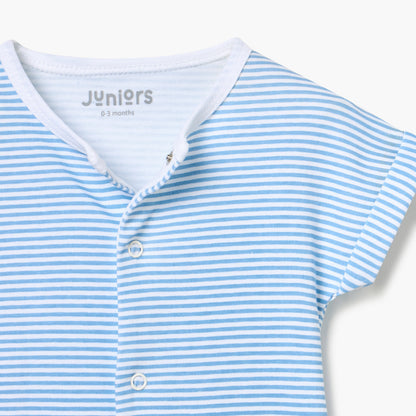 Juniors Striped Romper with Short Sleeves and Button Closure