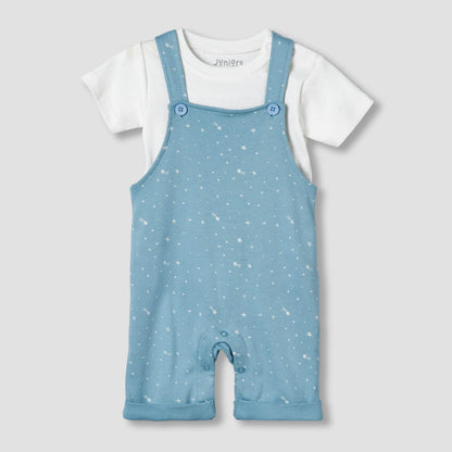 Juniors Round Neck Short Sleeves T-shirt and Dungaree Set with Print - Blue / 12-18 mths