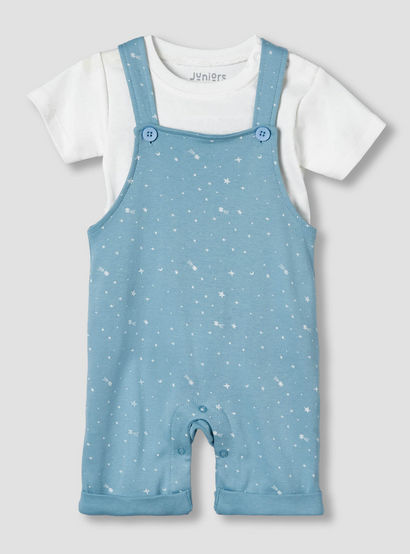 Juniors Round Neck Short Sleeves T-shirt and Dungaree Set with Print-baby-boys-clothing-setsandcoords-image-2
