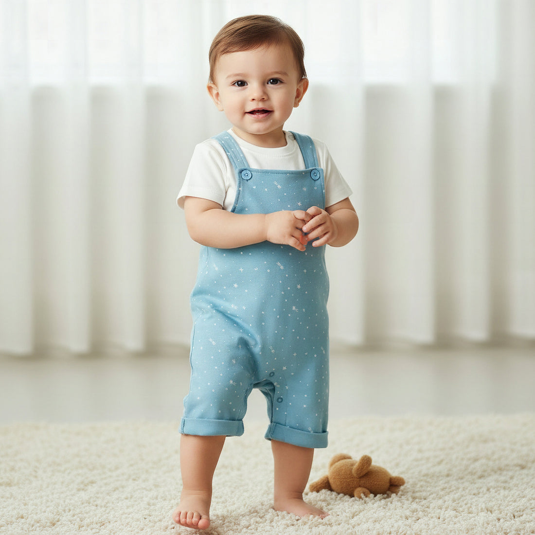 Juniors Round Neck Short Sleeves T-shirt and Dungaree Set with Print - Blue / 12-18 mths
