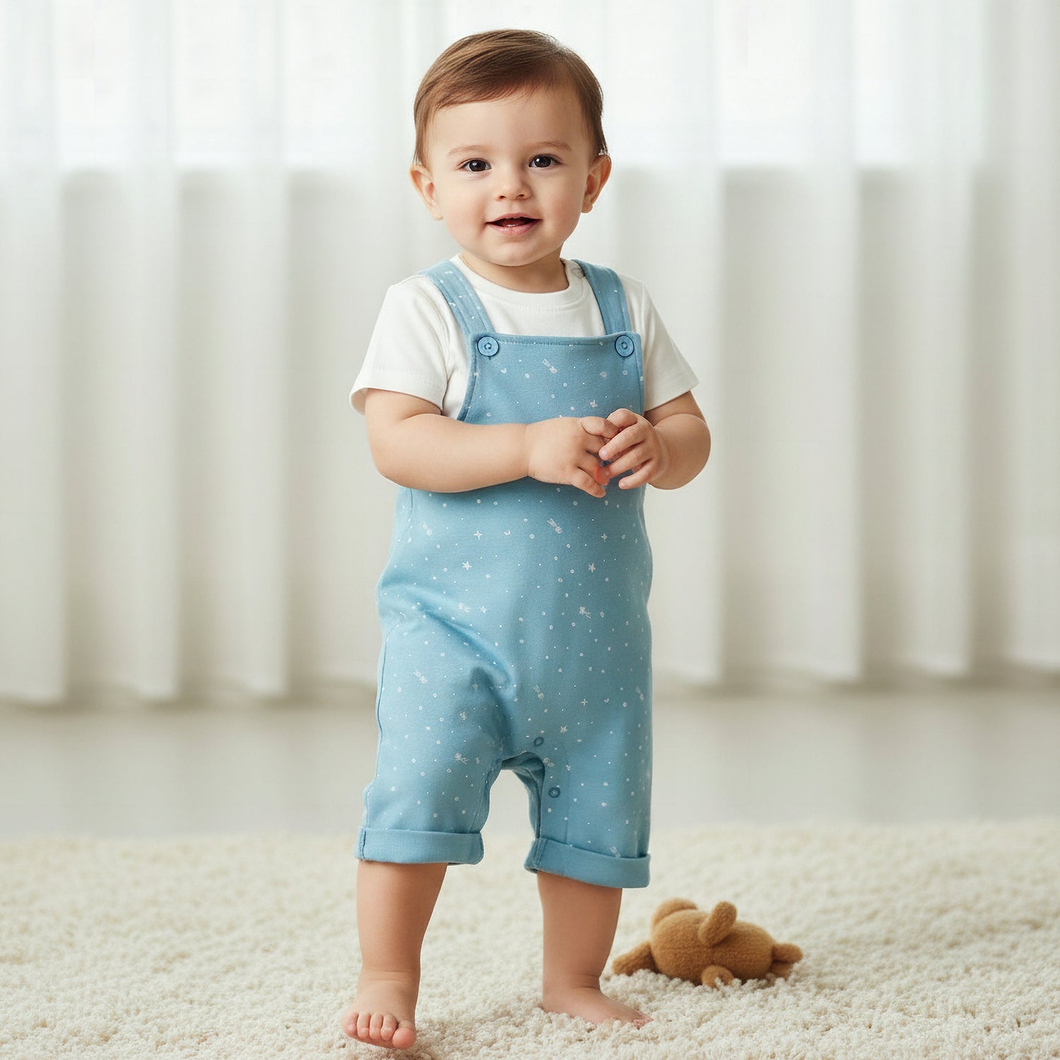 Juniors Round Neck Short Sleeves T-shirt and Dungaree Set with Print - Blue / 12-18 mths