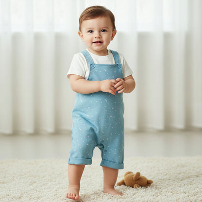Juniors Round Neck Short Sleeves T-shirt and Dungaree Set with Print - Blue / 12-18 mths