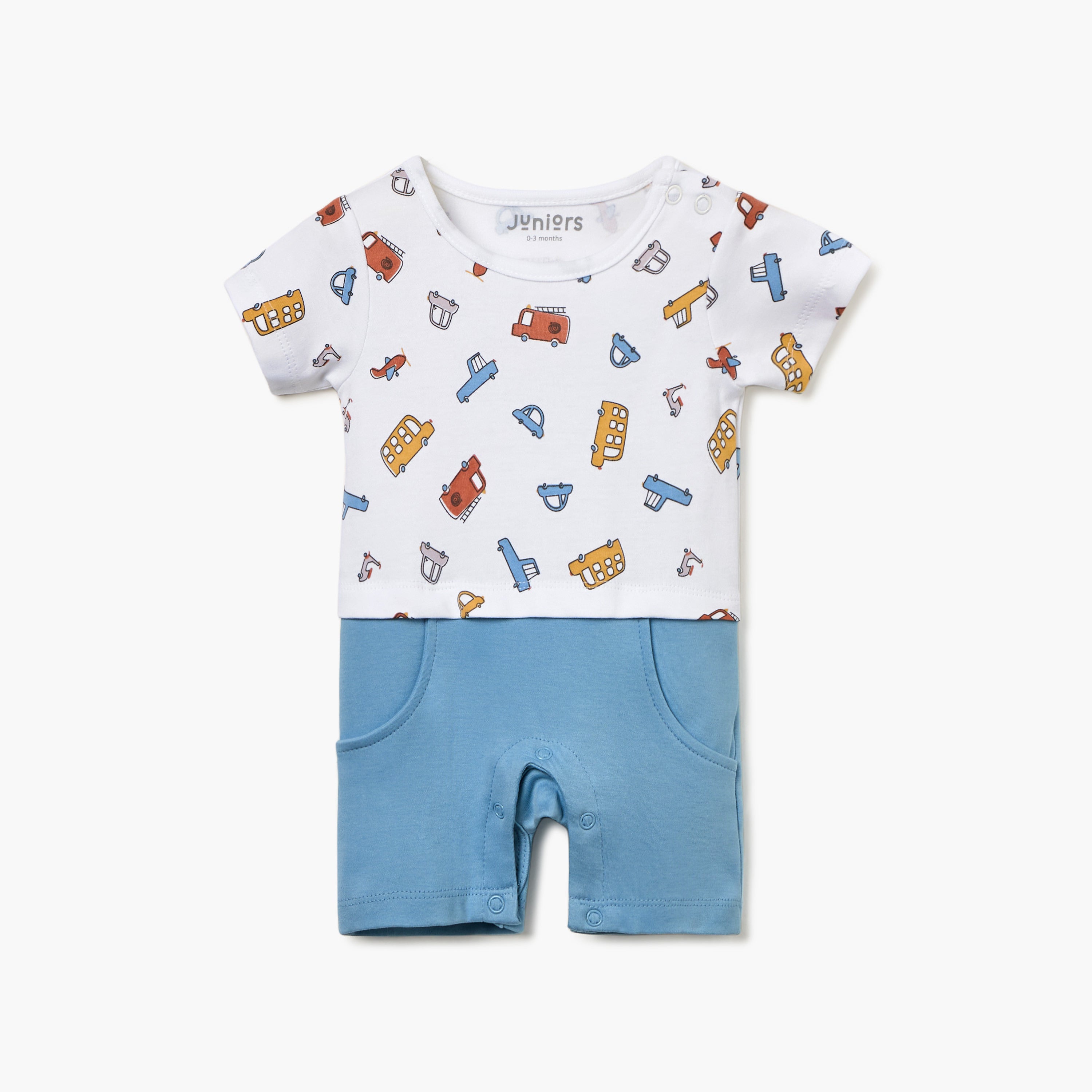 Juniors Vehicle Print Romper with Short Sleeves and Button Closure - Blue / 12-18 mths