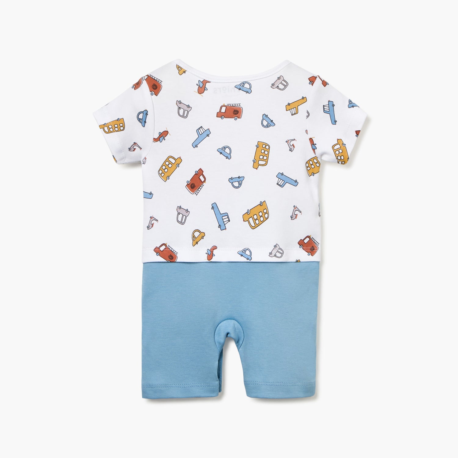 Juniors Vehicle Print Romper with Short Sleeves and Button Closure