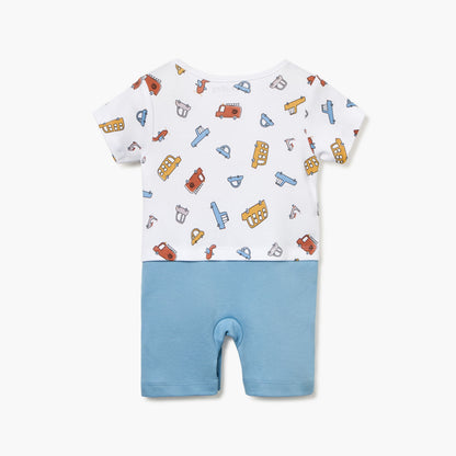 Juniors Vehicle Print Romper with Short Sleeves and Button Closure