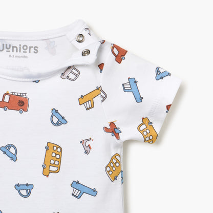 Juniors Vehicle Print Romper with Short Sleeves and Button Closure
