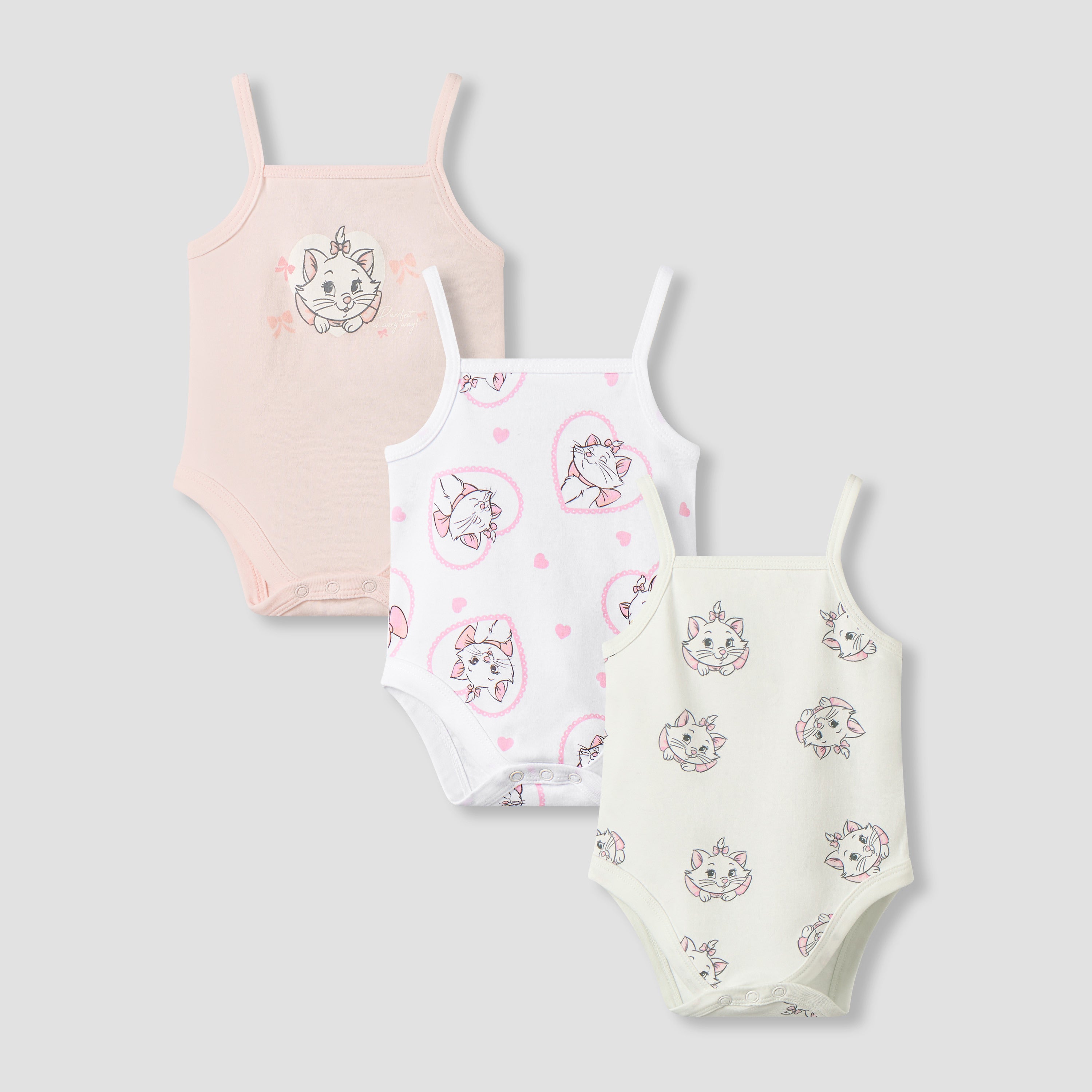 Pack of 3 Disney Square Neck Strappy Bodysuit with Marie Print - Pink / 12-18 mths