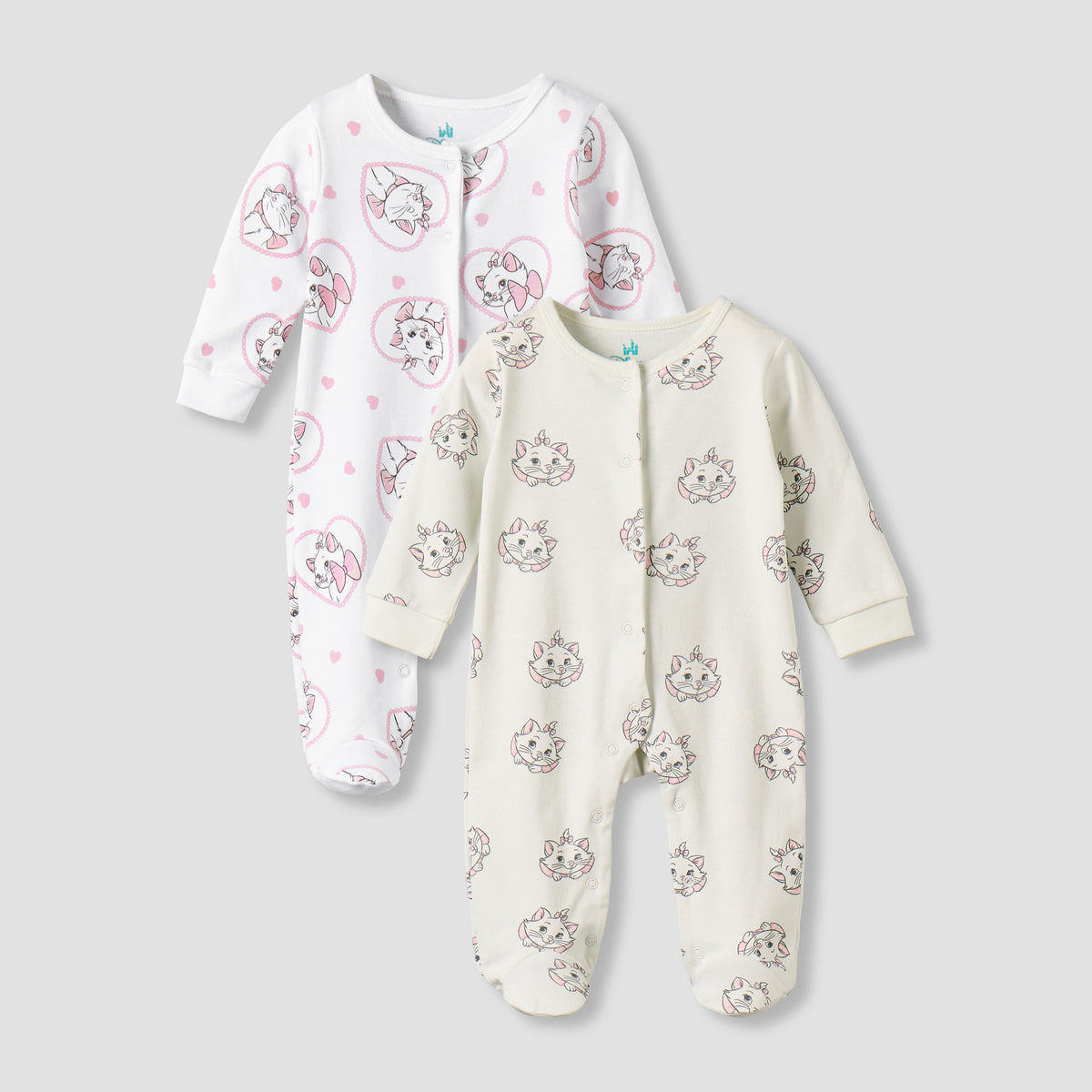 Pack of 2 Disney Cotton Round Neck Long Sleeves Sleepsuit with Marie Print